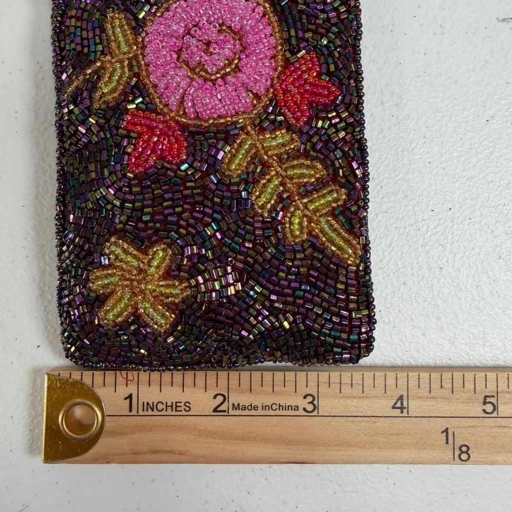 Vintage Small Coin Purse Beaded Floral Iridescent Purple Pink Wristlet Pouch